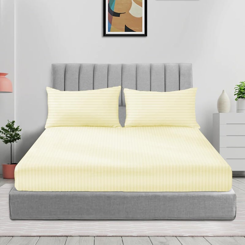 sleep well Microfiber Stripe Fitted Sheet with 2 Pillowcase Set - 180x200+17cm (Cream) - Image 1