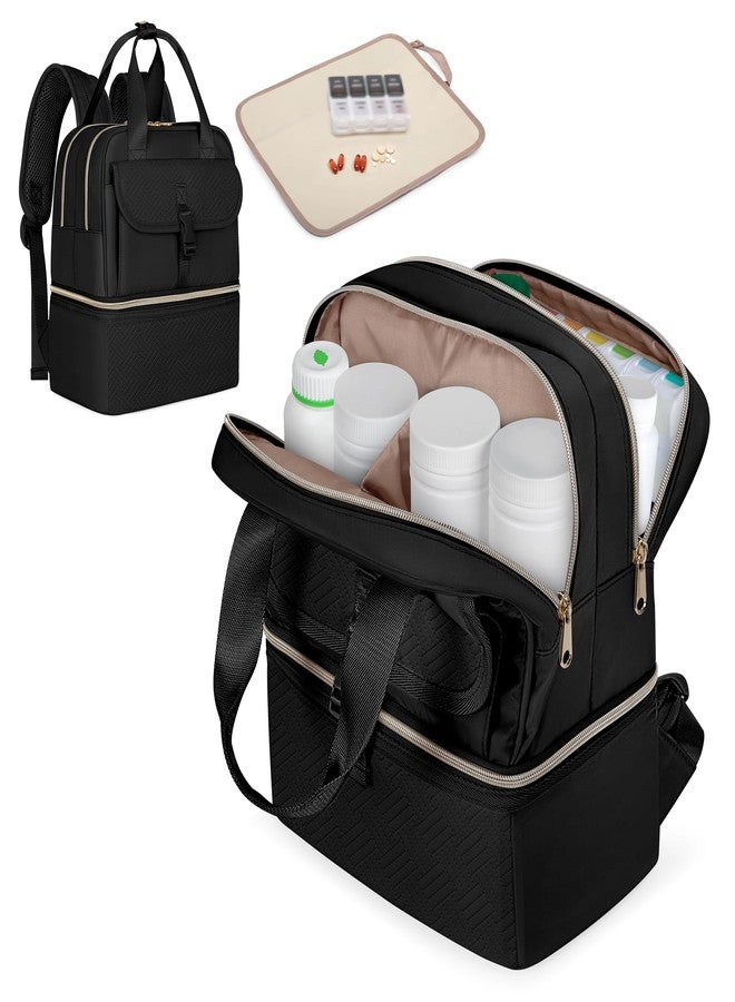 Fasrom Medicine Travel Bag Backpack with Insulated Compartment & Waterproof Mat, Double Layer Pill Bottle Organizer for Prescription, Vitamins and Medical Supplies, Black (Empty Bag Only - Image 1