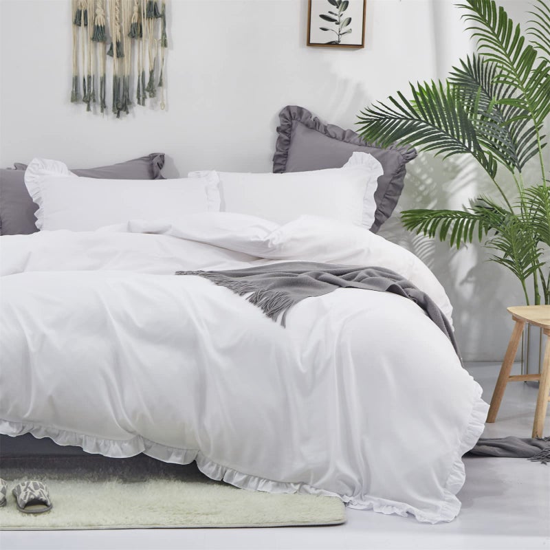 CLOTHKNOW White Comforter Set Queen White Ruffles Bedding Comforter Sets Boho Queen Comforter White Rustic Comforter Soft Shabby Chic Comforter 3Pcs White Queen Size Comforter Sets - Image 3