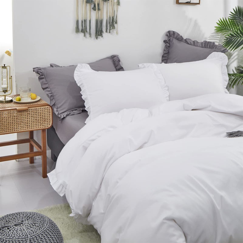 CLOTHKNOW White Comforter Set Queen White Ruffles Bedding Comforter Sets Boho Queen Comforter White Rustic Comforter Soft Shabby Chic Comforter 3Pcs White Queen Size Comforter Sets - Image 2