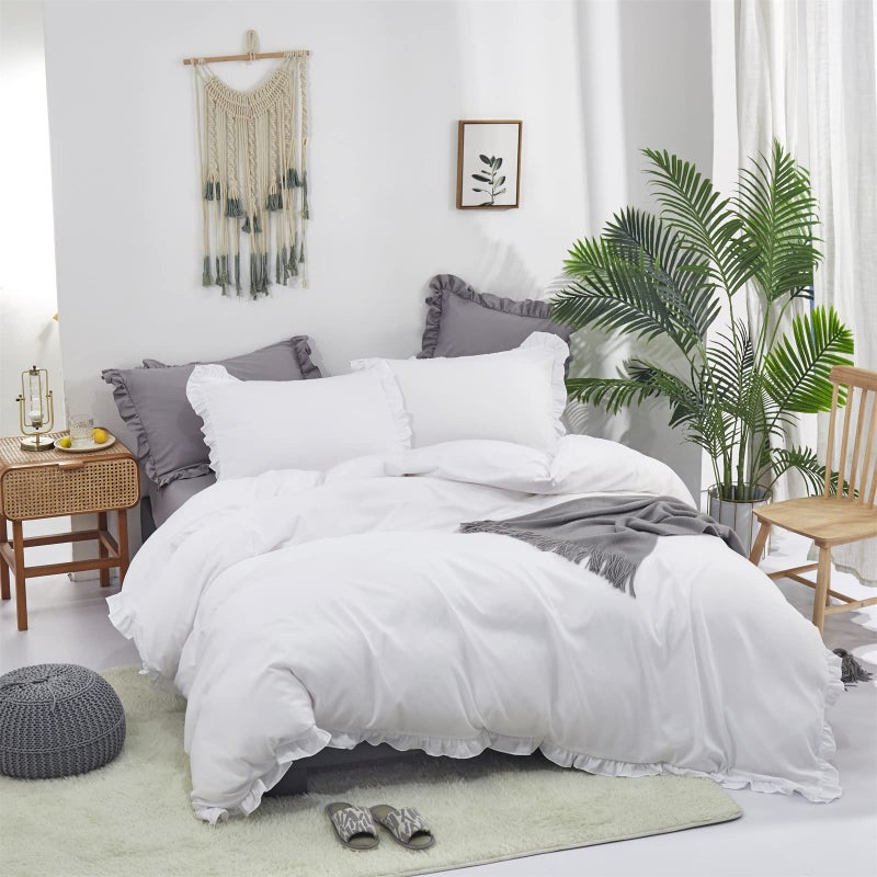 CLOTHKNOW White Comforter Set Queen White Ruffles Bedding Comforter Sets Boho Queen Comforter White Rustic Comforter Soft Shabby Chic Comforter 3Pcs White Queen Size Comforter Sets - Image 4