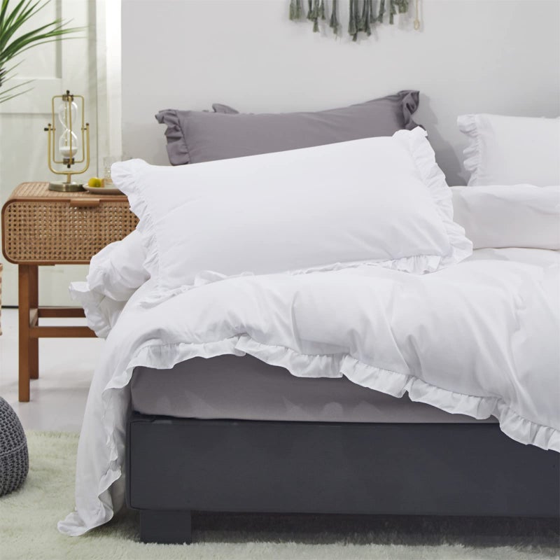CLOTHKNOW White Comforter Set Queen White Ruffles Bedding Comforter Sets Boho Queen Comforter White Rustic Comforter Soft Shabby Chic Comforter 3Pcs White Queen Size Comforter Sets - Image 5