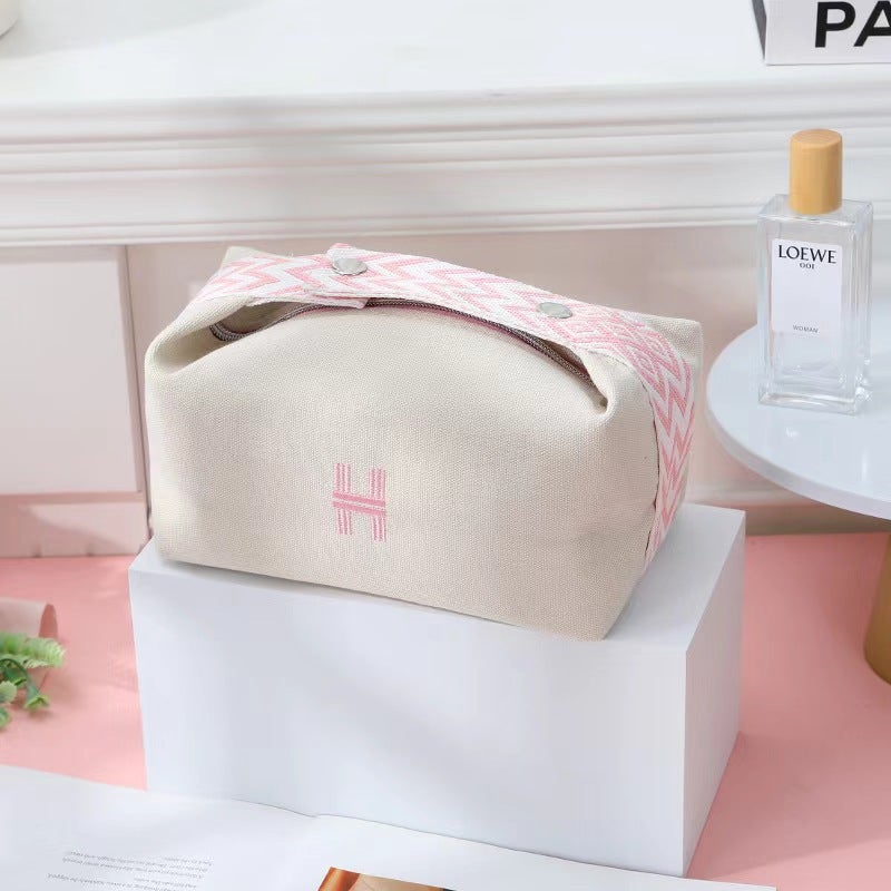 H cosmetic bag canvas portable large capacity wash bag portable lunch box simple cosmetics storage bag manufacturers wholesale Pink