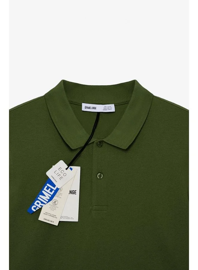 Grimelange SKYLOOM Men's 100% Cotton Short Sleeve Regular Fit Khaki Polo Collar T‑shirt.