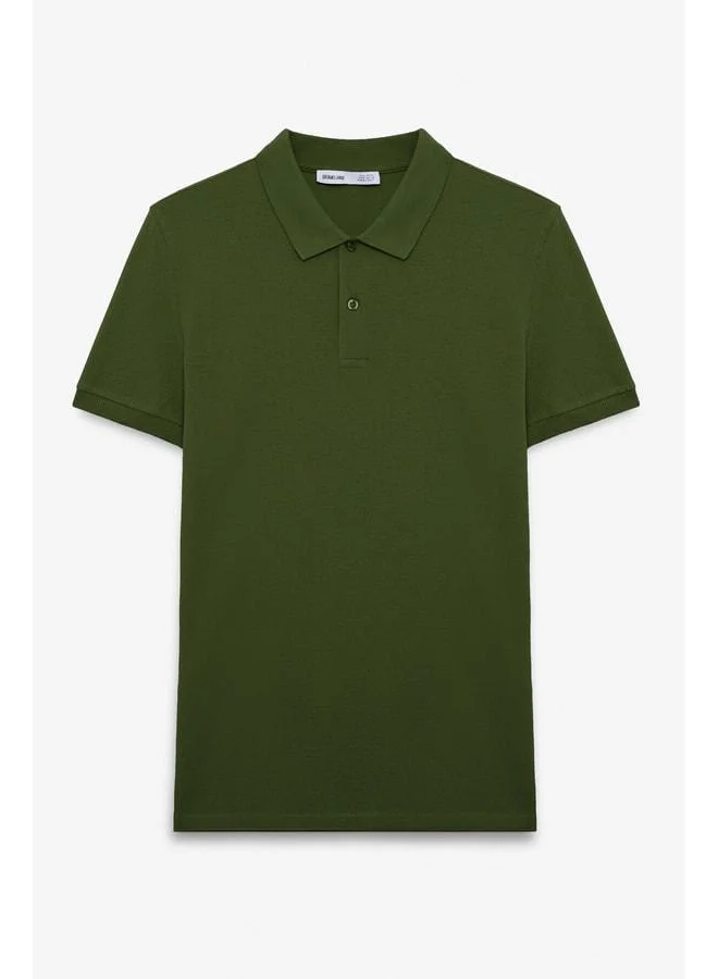Grimelange SKYLOOM Men's 100% Cotton Short Sleeve Regular Fit Khaki Polo Collar T‑shirt.