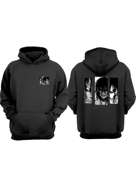 Eren Attack On Titan Anime Design Front Back Printed Regular Size Black Sweatshirt