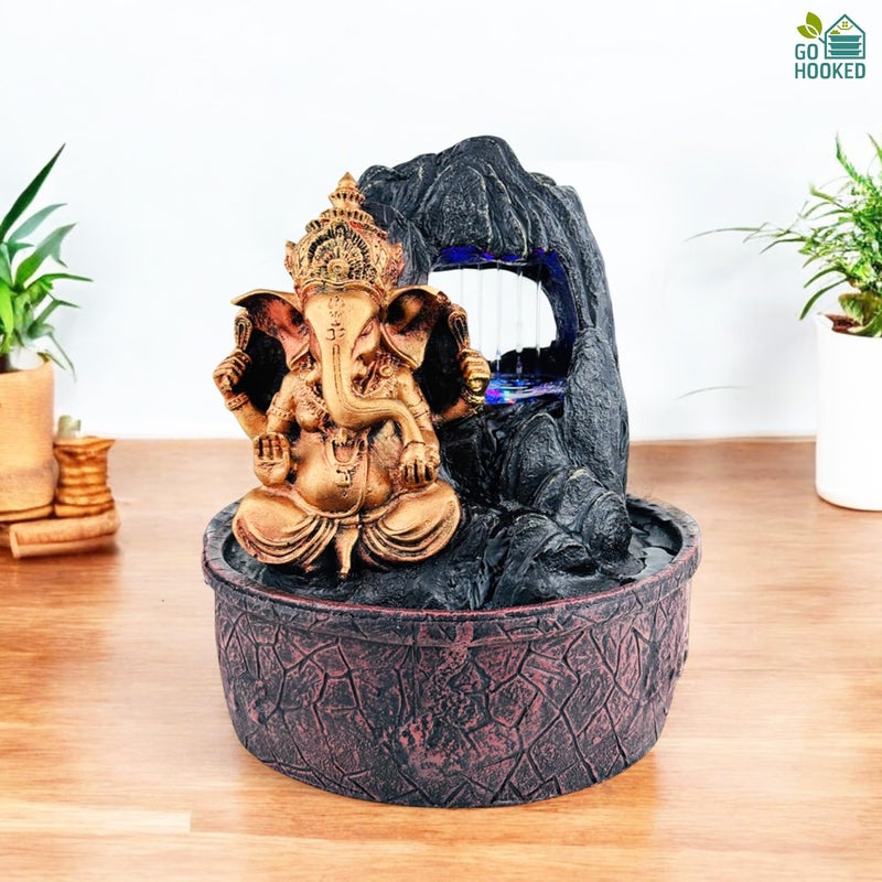 Go Hooked Lord Ganesha Waterfall Fountain with LED Lights & Adjustable Water Flow | Polyresin Tabletop Fountain for Pooja Room, Meditation Home & Office Décor | Stress Relief & Positive Energy Décor - Image 2