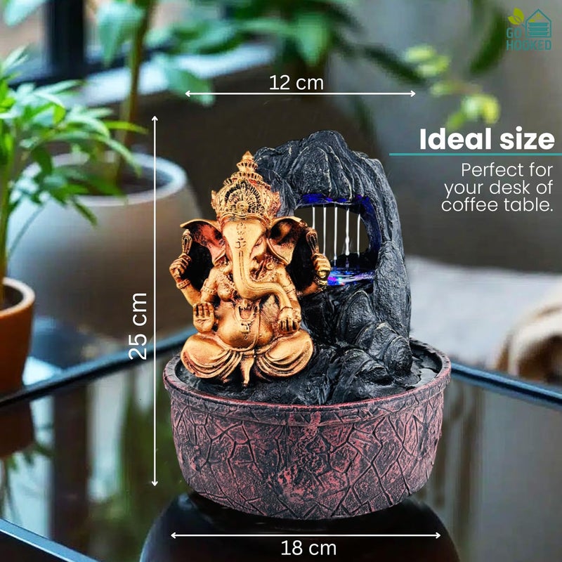 Go Hooked Lord Ganesha Waterfall Fountain with LED Lights & Adjustable Water Flow | Polyresin Tabletop Fountain for Pooja Room, Meditation Home & Office Décor | Stress Relief & Positive Energy Décor - Image 3