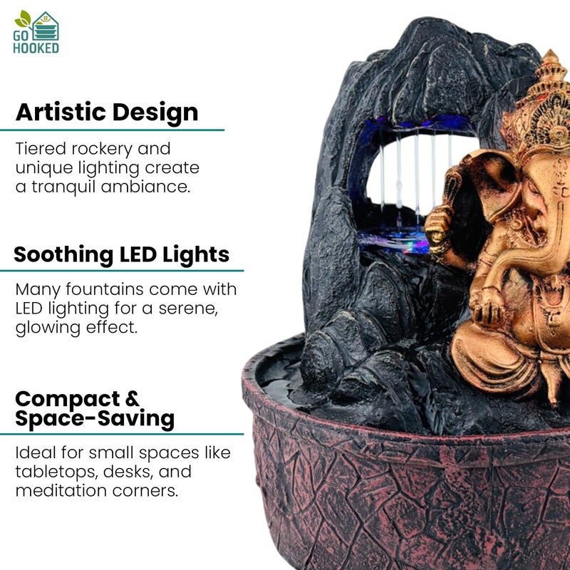 Go Hooked Lord Ganesha Waterfall Fountain with LED Lights & Adjustable Water Flow | Polyresin Tabletop Fountain for Pooja Room, Meditation Home & Office Décor | Stress Relief & Positive Energy Décor - Image 5