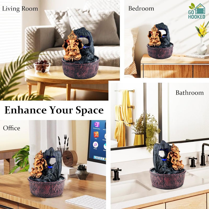 Go Hooked Lord Ganesha Waterfall Fountain with LED Lights & Adjustable Water Flow | Polyresin Tabletop Fountain for Pooja Room, Meditation Home & Office Décor | Stress Relief & Positive Energy Décor - Image 4