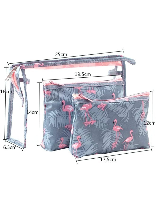 3-Piece Waterproof Cosmetic Bag Set Grey/Pink - Image 2