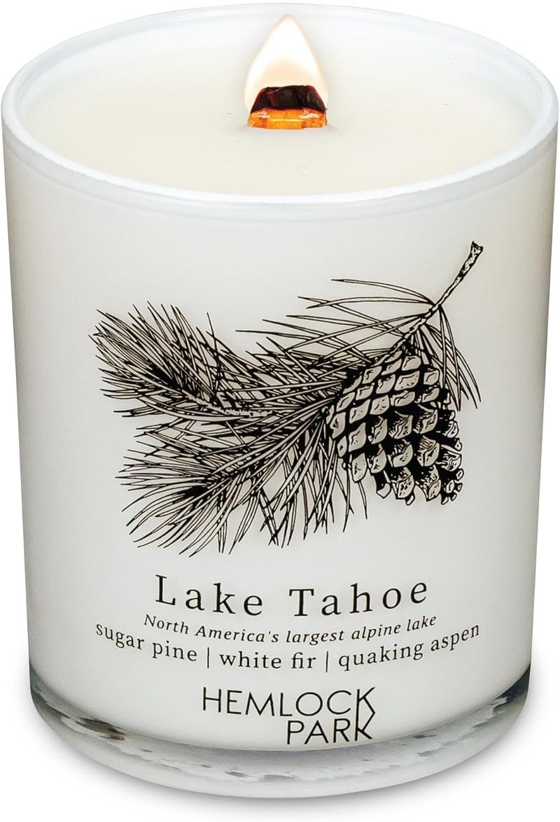 Hemlock Park Travel Inspired Passport Crackling Wood Wick Candle Handcrafted with Natural Plant-Based Coconut Wax (Lake Tahoe | Sugar Pine, White fir, Quaking Aspen, Standard 7.2 oz)