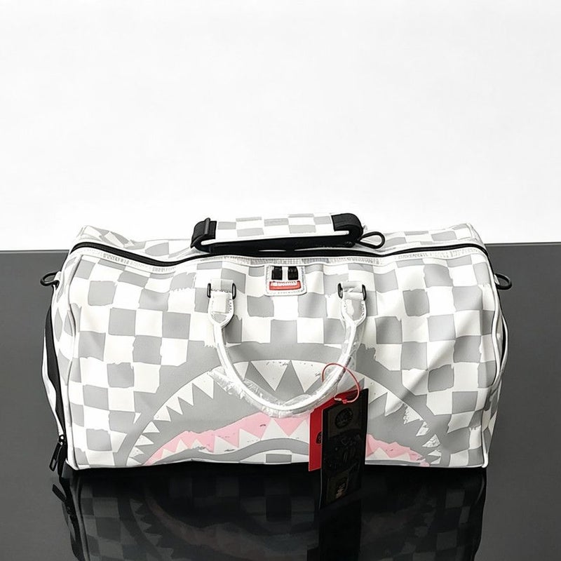 Grey and White Checkered Shark Mouth Large Capacity Travel Duffel Bag for Outdoor Travel - Image 2