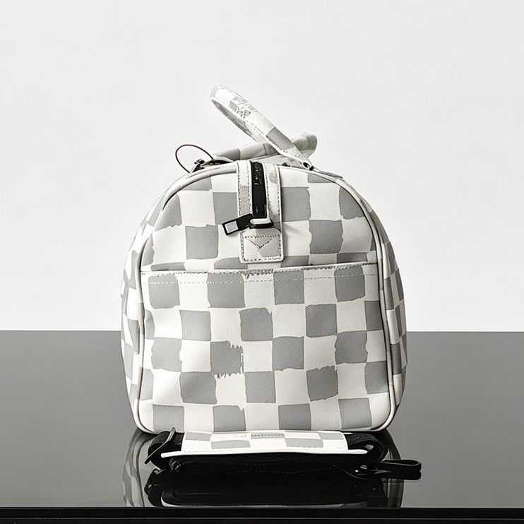 Grey and White Checkered Shark Mouth Large Capacity Travel Duffel Bag for Outdoor Travel - Image 5
