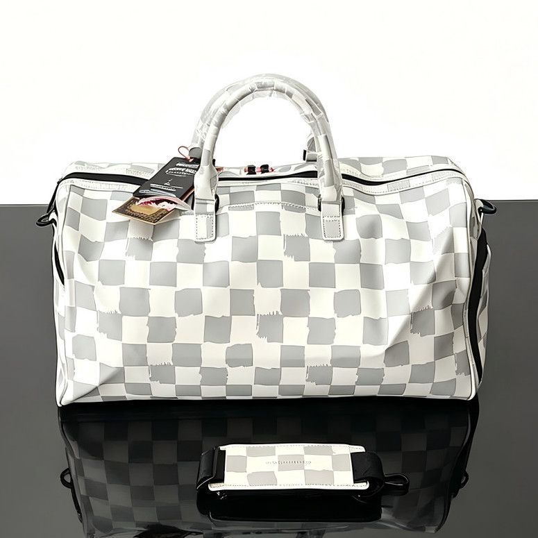 Grey and White Checkered Shark Mouth Large Capacity Travel Duffel Bag for Outdoor Travel - Image 3