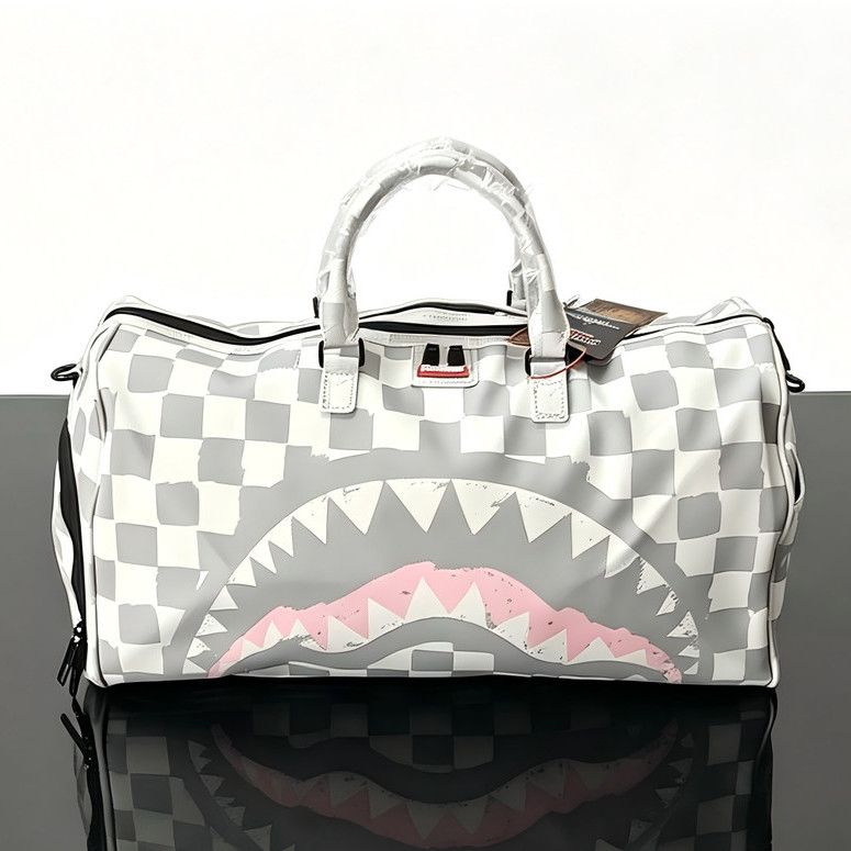 Grey and White Checkered Shark Mouth Large Capacity Travel Duffel Bag for Outdoor Travel - Image 1