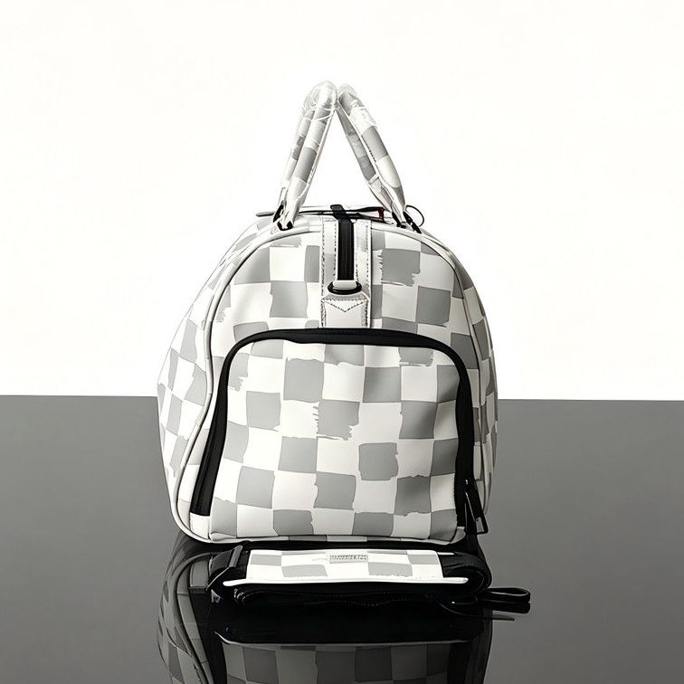 Grey and White Checkered Shark Mouth Large Capacity Travel Duffel Bag for Outdoor Travel - Image 4