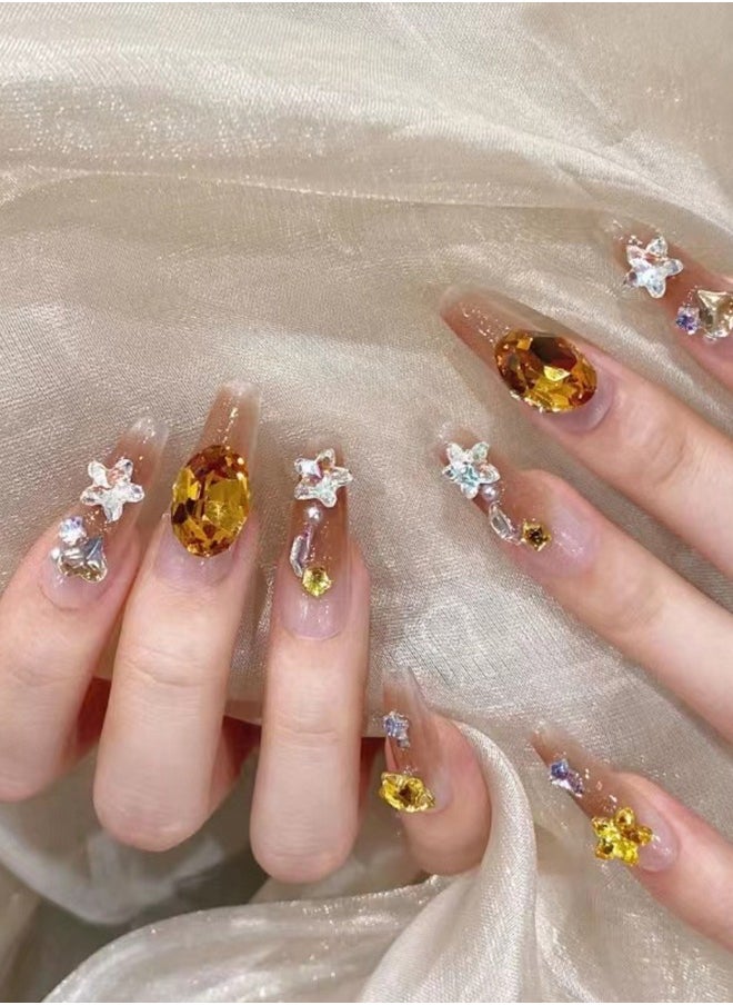 NIBEMINENT 30Pcs Fake Nails, Press Nails In Box,Long-length Flat head shaped Solid Dark Orange Color Shiny Nail Art,Star Zircon ,Pearl Fake Nail Patch  - Image 1