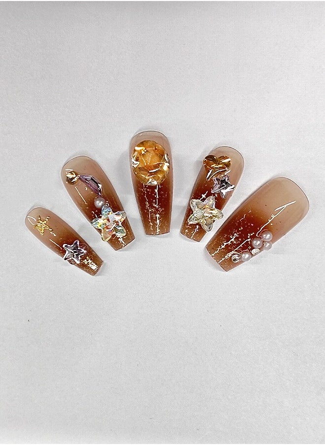 NIBEMINENT 30Pcs Fake Nails, Press Nails In Box,Long-length Flat head shaped Solid Dark Orange Color Shiny Nail Art,Star Zircon ,Pearl Fake Nail Patch  - Image 2