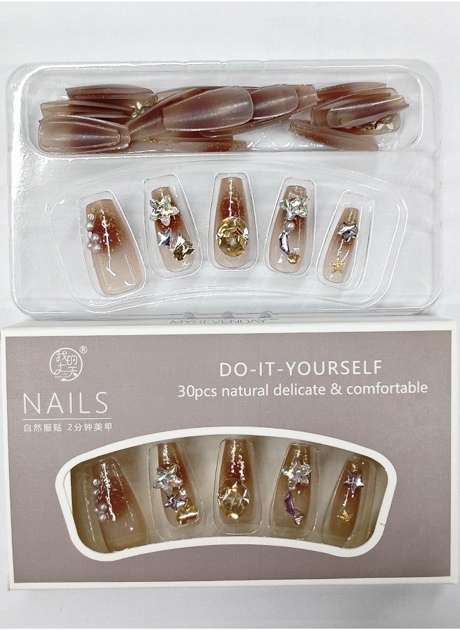 NIBEMINENT 30Pcs Fake Nails, Press Nails In Box,Long-length Flat head shaped Solid Dark Orange Color Shiny Nail Art,Star Zircon ,Pearl Fake Nail Patch  - Image 3