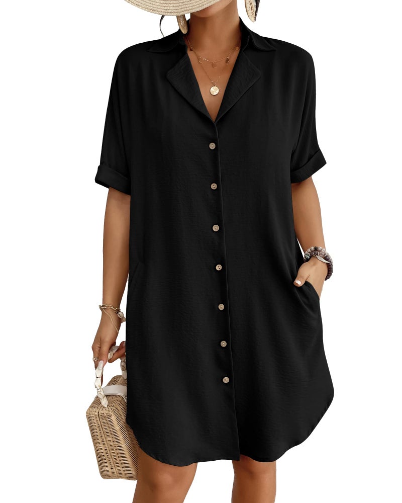 Bsubseach Button Down Beach Cover Ups for Women Bikini Swimsuit Coverup Shirt Dress Casual Vacation Outfits Black M - Image 1