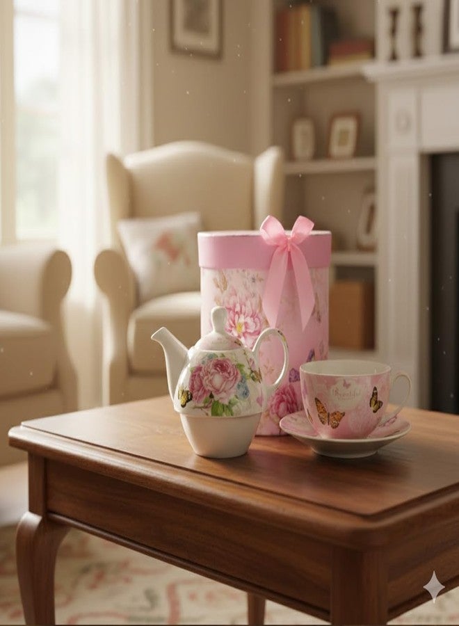 ONEUSTAR Tea Set for One Porcelain Floral Teapot and Cup Saucer Set for Women Afternoon Tea Mothers Day Gift in Reusable Gift Box, Pink Rose Flower - Image 4