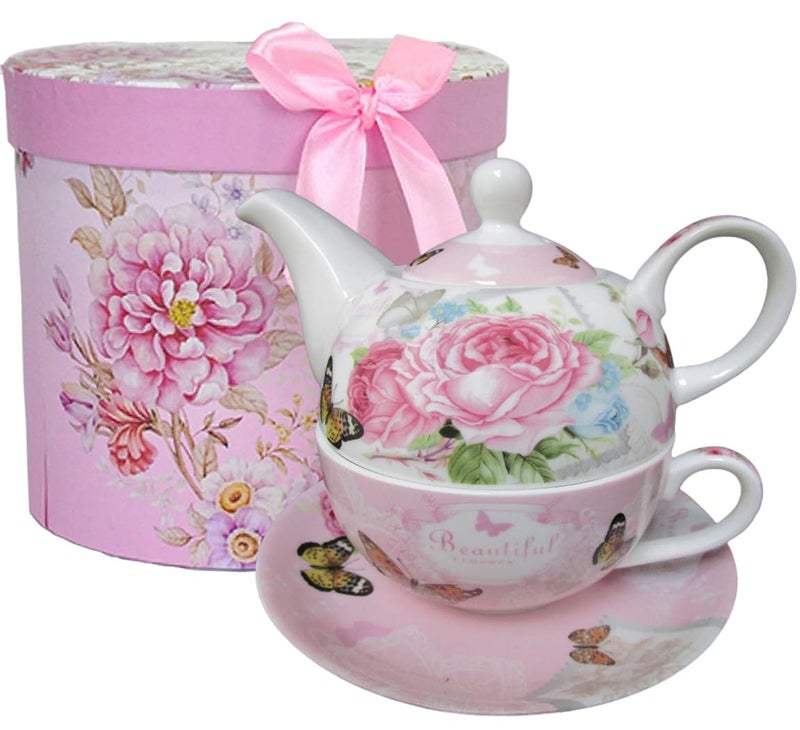ONEUSTAR Tea Set for One Porcelain Floral Teapot and Cup Saucer Set for Women Afternoon Tea Mothers Day Gift in Reusable Gift Box, Pink Rose Flower - Image 1