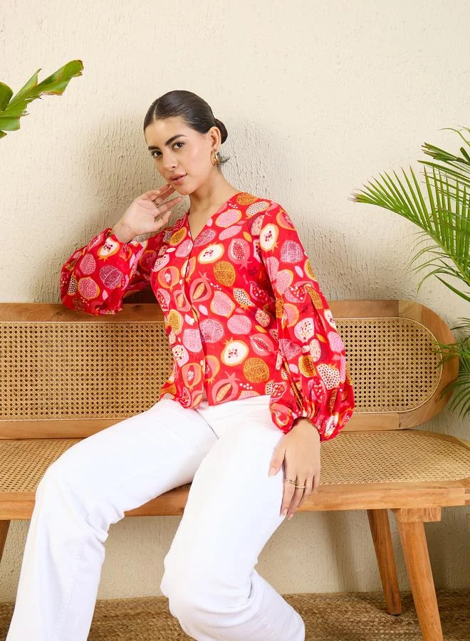 Uptownie Red Fruit Print Cotton Shirt with Balloon Sleeves
