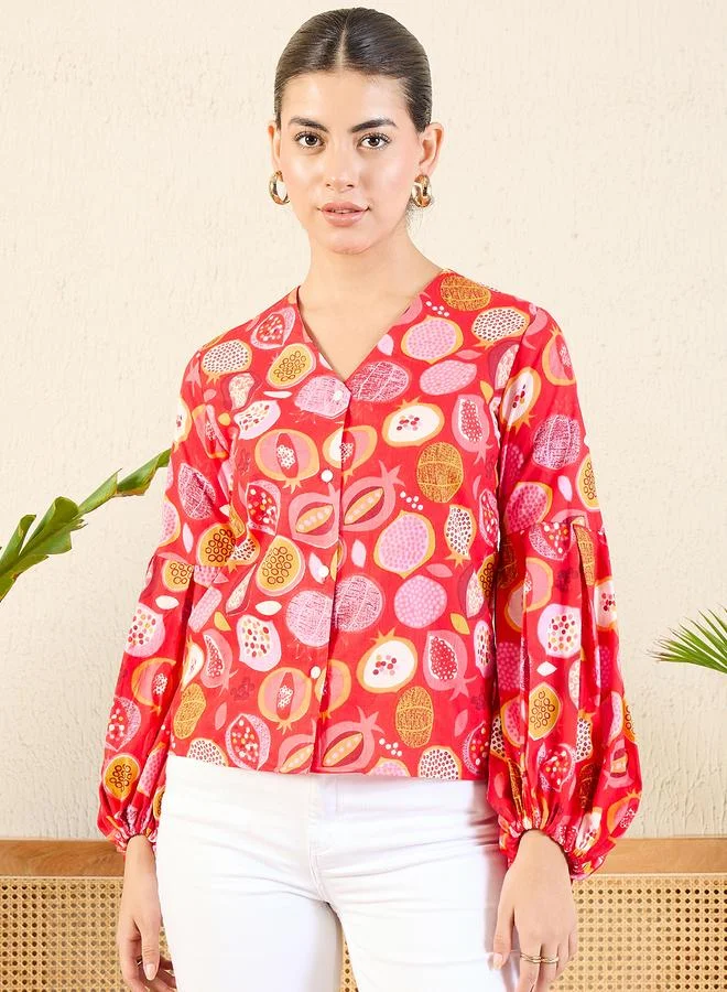 Uptownie Red Fruit Print Cotton Shirt with Balloon Sleeves