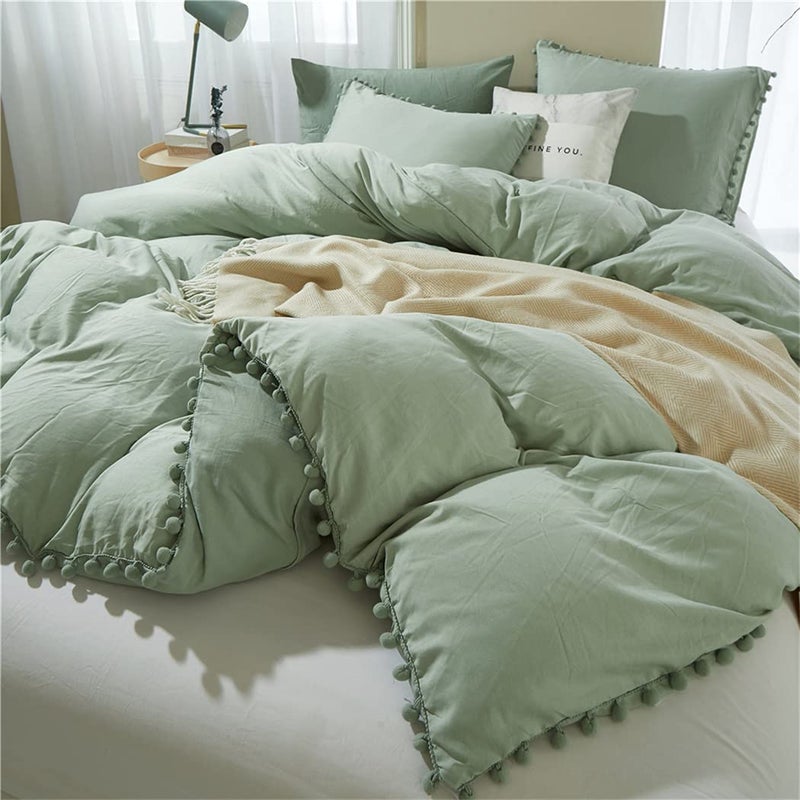 IHOUSTRIY Kids Duvet Cover Twin Size100 Washed Microfiber 2pcs Bedding Duvet Cover Set Pom Poms Fringe Solid Color Soft and Breathable with Zipper Closure  Corner Ties Twin Green