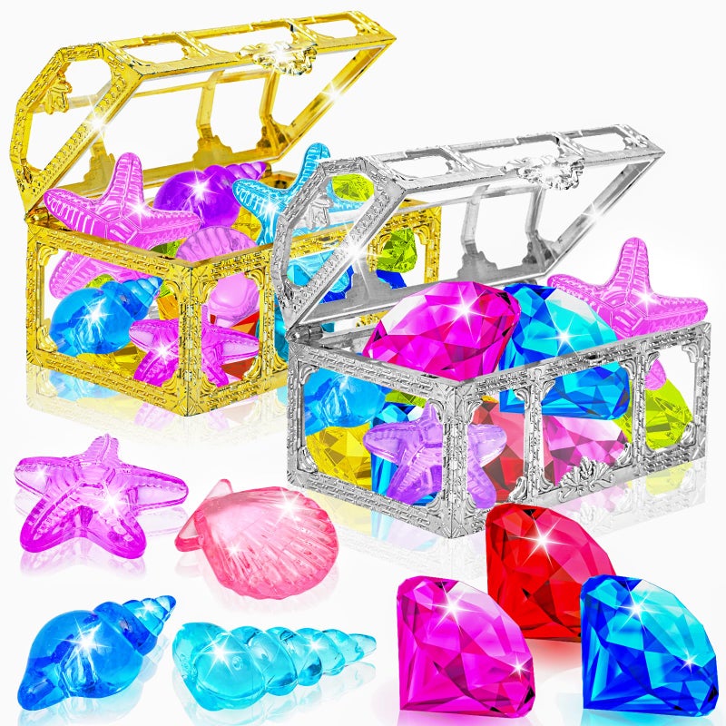MGparty 24pcs Diving Gem Pool Toys Colorful Diamonds Set with Pirate Treasure Chest Summer Toy Underwater Swimming Toys for Boys and Girls Pool Games Water Toys - Image 2