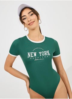 Styli NY Print Rib Bodysuit with Contrast Trim  - Image 1