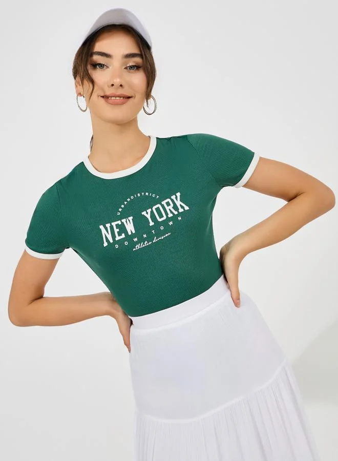 Styli NY Print Rib Bodysuit with Contrast Trim