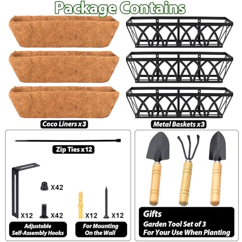 LCHUANG Deck Railing Planter Window Box - 3 Pack 24 Inch Deck Balcony Rail Planter with Coconut Coir Liner, Fence Metal Hanging Flower Planter Basket Deck Railing Planter Boxes for Outdoor Lawn - Image 5