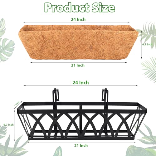 LCHUANG Deck Railing Planter Window Box - 3 Pack 24 Inch Deck Balcony Rail Planter with Coconut Coir Liner, Fence Metal Hanging Flower Planter Basket Deck Railing Planter Boxes for Outdoor Lawn - Image 3