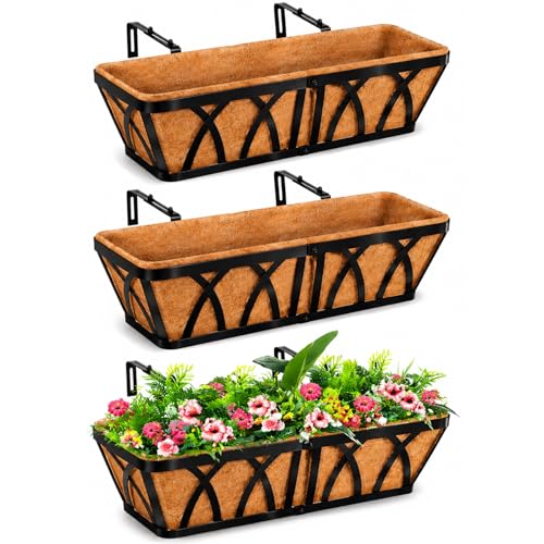 LCHUANG Deck Railing Planter Window Box - 3 Pack 24 Inch Deck Balcony Rail Planter with Coconut Coir Liner, Fence Metal Hanging Flower Planter Basket Deck Railing Planter Boxes for Outdoor Lawn - Image 1
