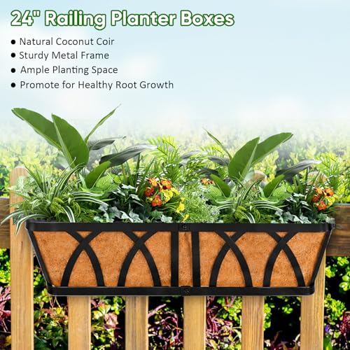 LCHUANG Deck Railing Planter Window Box - 3 Pack 24 Inch Deck Balcony Rail Planter with Coconut Coir Liner, Fence Metal Hanging Flower Planter Basket Deck Railing Planter Boxes for Outdoor Lawn - Image 2