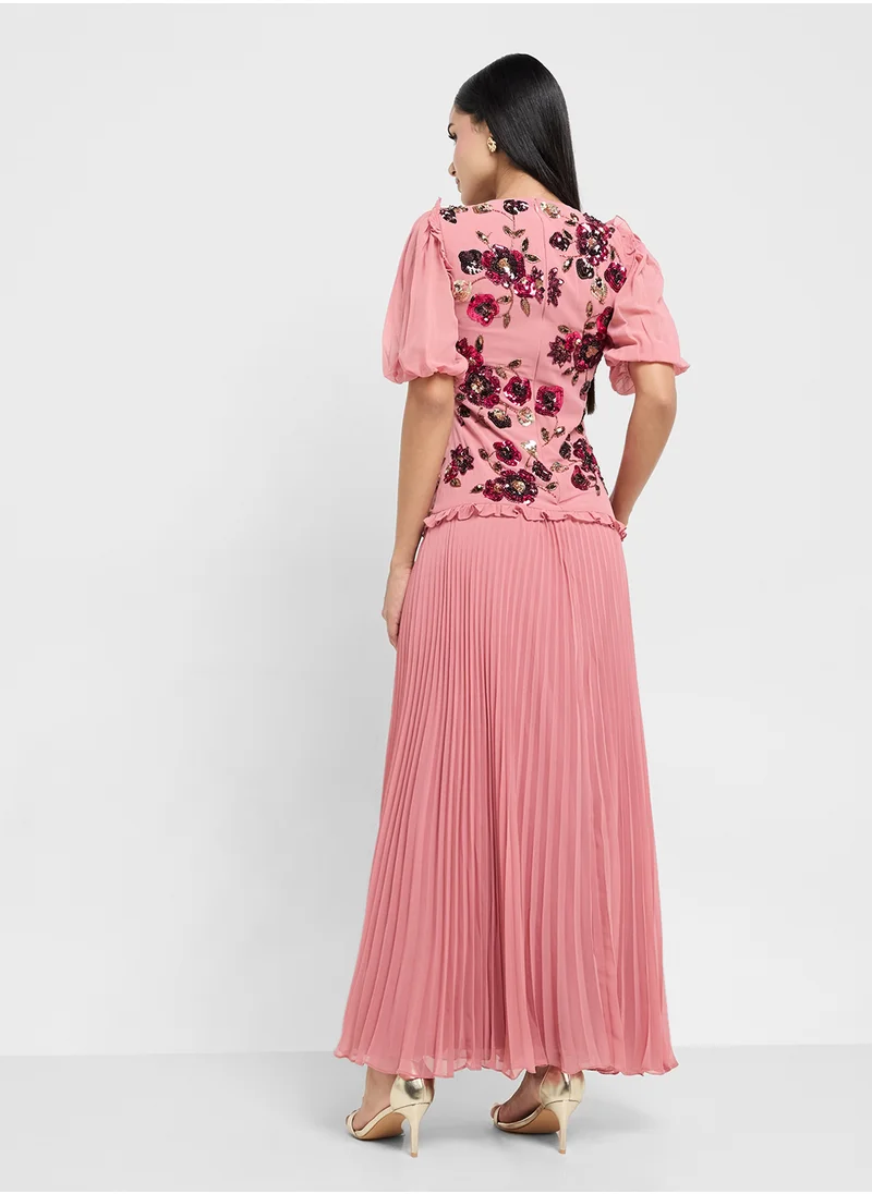 Frock and Frill Pleated Embellished Mesh Detail Maxi Dress