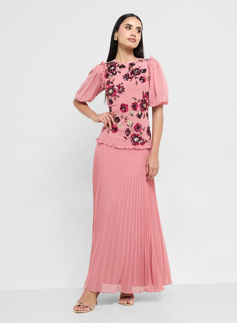 Frock and Frill Pleated Embellished Mesh Detail Maxi Dress  - Image 4
