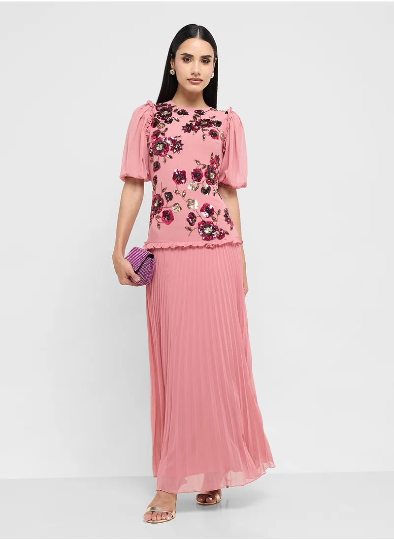 Frock and Frill Pleated Embellished Mesh Detail Maxi Dress