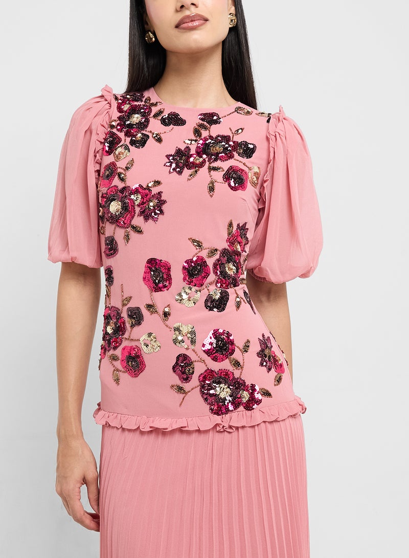 Frock and Frill Pleated Embellished Mesh Detail Maxi Dress  - Image 3