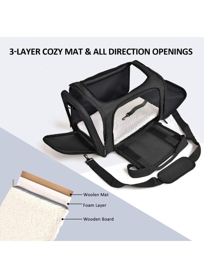 حاملات القطط حامل الكلاب الحيوانات الأليفة للقطط الصغيرة والمتوسطة والكلاب والجراء حتى 15 رطلاً، معتمدة من إدارة أمن النقل (TSA) للطيران، ذات جوانب ناعمة، قابلة للطي للسفر - أسود - Image 2