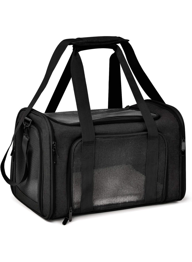 حاملات القطط حامل الكلاب الحيوانات الأليفة للقطط الصغيرة والمتوسطة والكلاب والجراء حتى 15 رطلاً، معتمدة من إدارة أمن النقل (TSA) للطيران، ذات جوانب ناعمة، قابلة للطي للسفر - أسود - Image 1