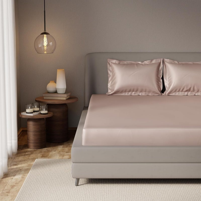 Stoa Paris Elastic Fitted Bedsheet Double Bed with Pillow Covers Premium Ultra Satin Bedding Set Gifts for Women Couples Wedding Bedroom Home Furnishing Date Night Collection Champagne