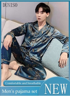2-Piece Men's Pajamas Sets Long Sleeves Pants Silk Sleepwear Set Full Button-down Top with Notch Collar Shirt Loungewear Printing Homewear Green