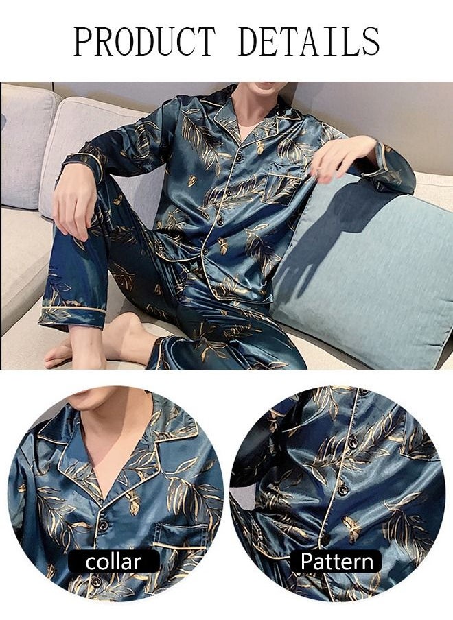 DUNISO - 2-Piece Men's Pajamas Sets Long Sleeves Pants Silk Sleepwear Set Full Button-down Top with Notch Collar Shirt Loungewear Printing Homewear Green - Image 1