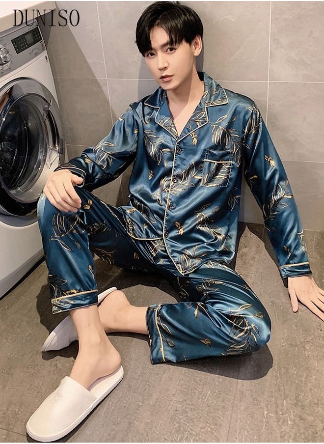 DUNISO - 2-Piece Men's Pajamas Sets Long Sleeves Pants Silk Sleepwear Set Full Button-down Top with Notch Collar Shirt Loungewear Printing Homewear Green - Image 1