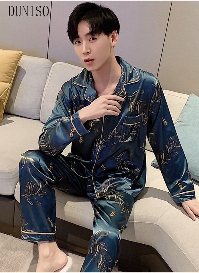 DUNISO - 2-Piece Men's Pajamas Sets Long Sleeves Pants Silk Sleepwear Set Full Button-down Top with Notch Collar Shirt Loungewear Printing Homewear Green - Image 1