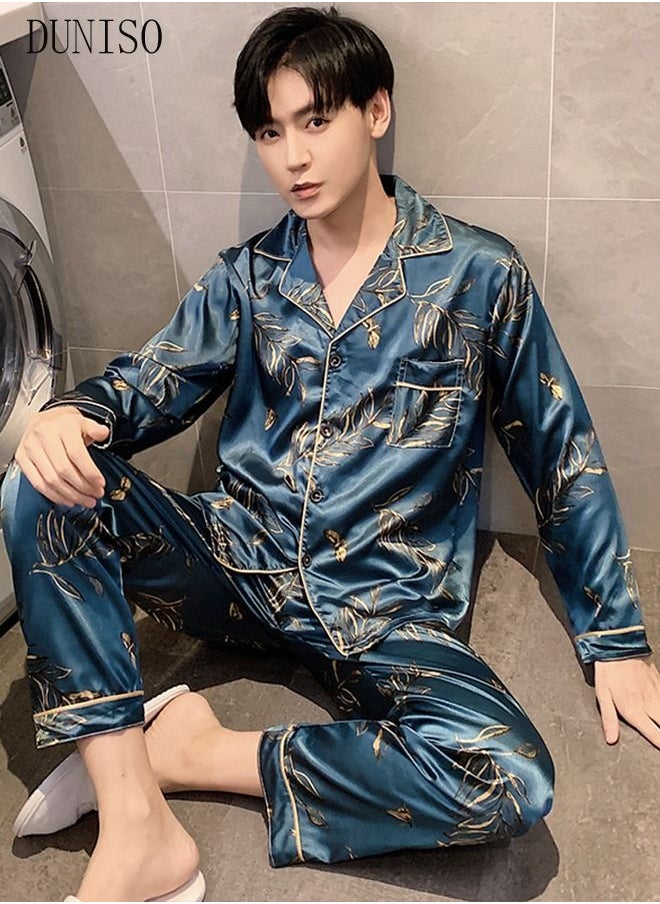 DUNISO - 2-Piece Men's Pajamas Sets Long Sleeves Pants Silk Sleepwear Set Full Button-down Top with Notch Collar Shirt Loungewear Printing Homewear Green - Image 1