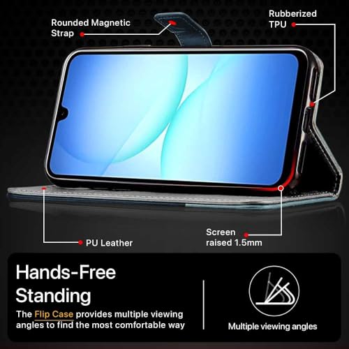 FLIPPED Vegan Leather Flip Case Back Cover for Samsung Galaxy M17 5G | A17 5G | F17 5G (Flexible, Shock Proof | Hand Stitched Leather Finish | Card Pockets Wallet & Stand | Blue with Aquamarine) - Image 5